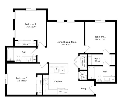 Floor plan for 3 beds, 2 baths, 1198 sqft